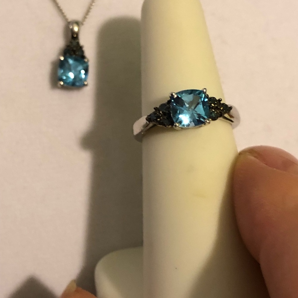 3 Set Blue Topaz & Blue Diamond Ring & Necklace